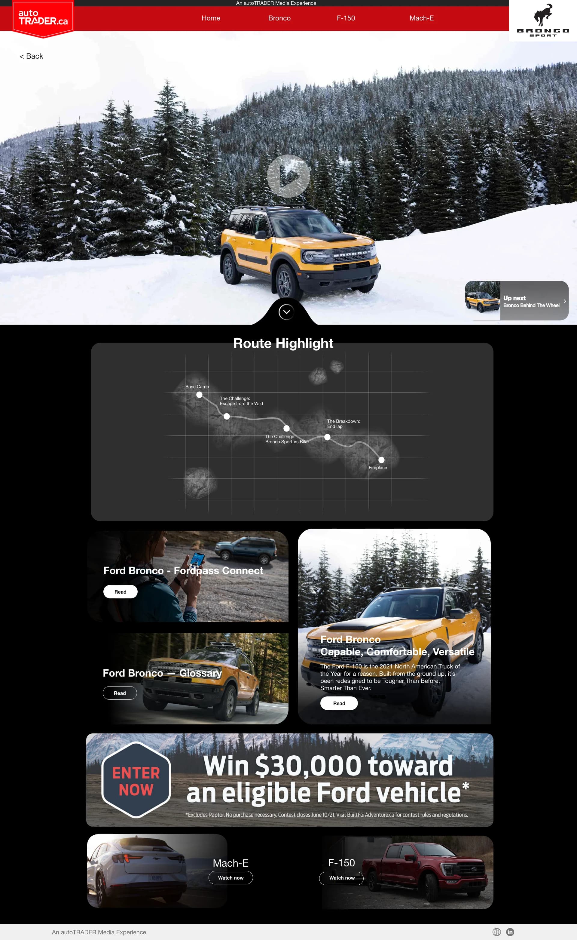 Full Bronco Sport episode page: AutoTrader header with model tabs and the Bronco Sport logo, a video hero with an Up next card, a Route Highlight map, three story cards, a contest banner and Watch now cards for Mach-E and F-150.