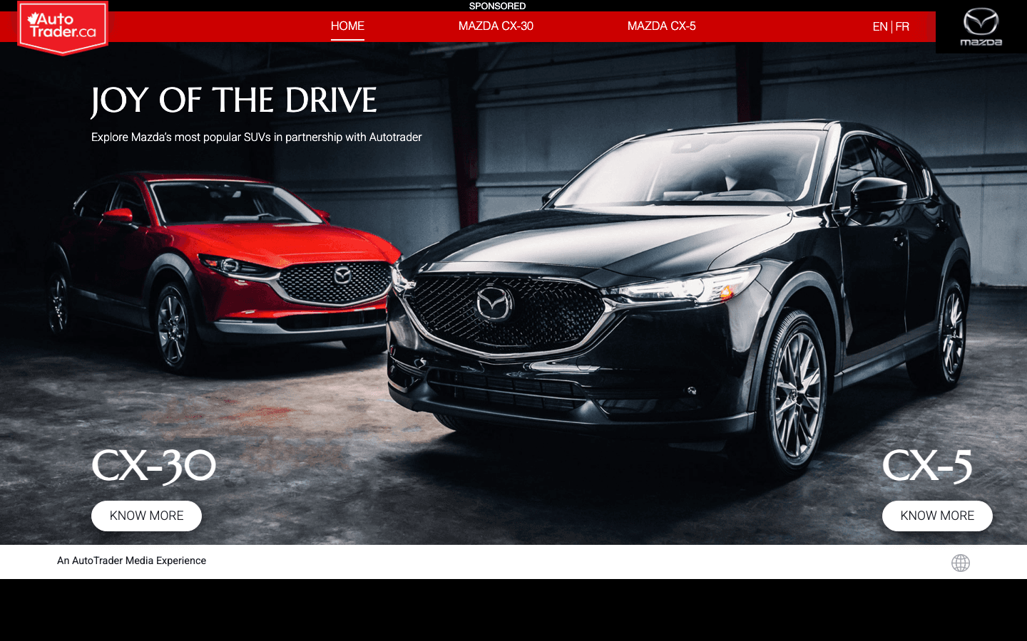 Mazda Joy of the Drive brand campaign hero with CX-30 and CX-5.
