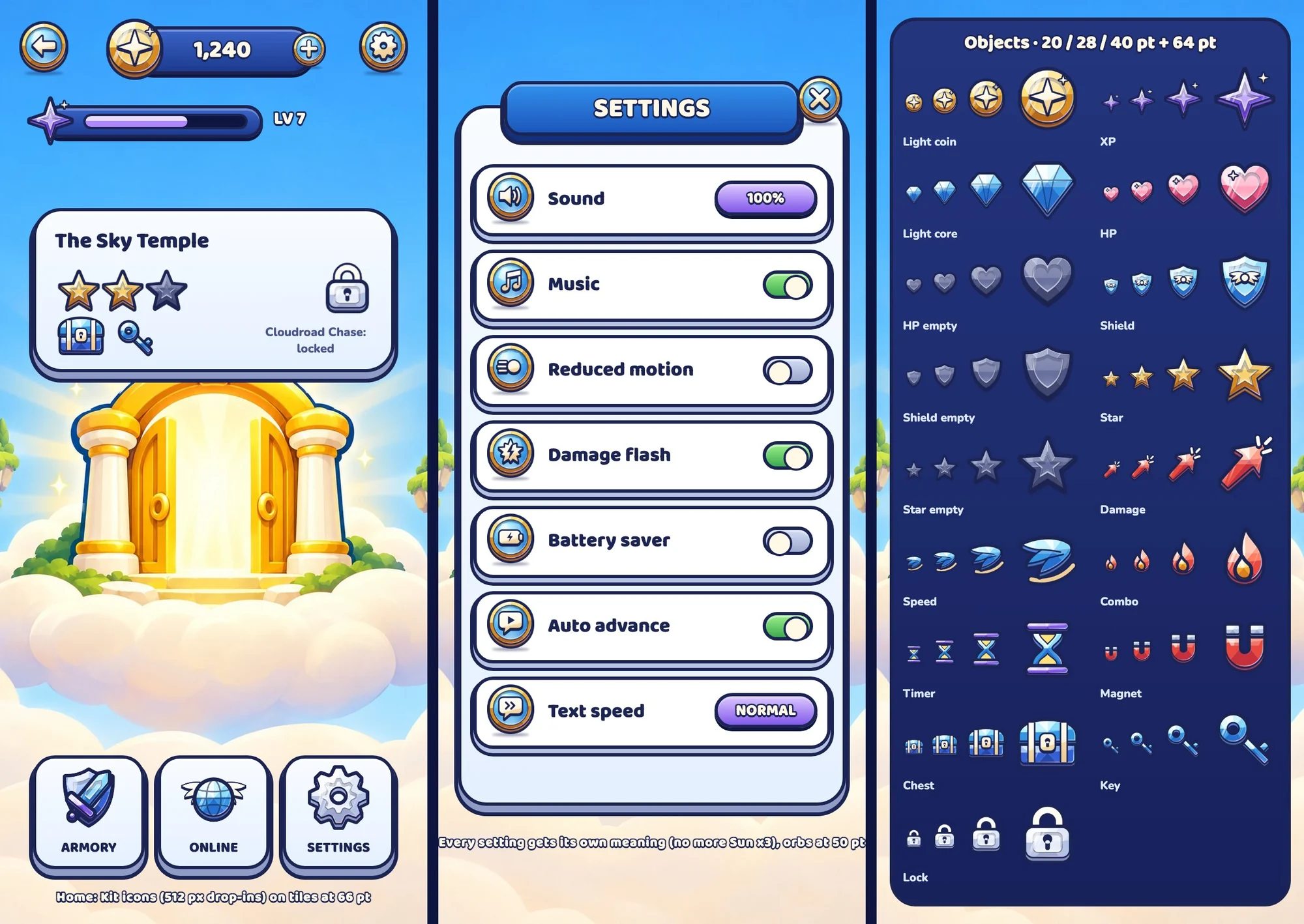 Home with the Sky Temple, settings with reduced motion and text speed, and the HUD object set