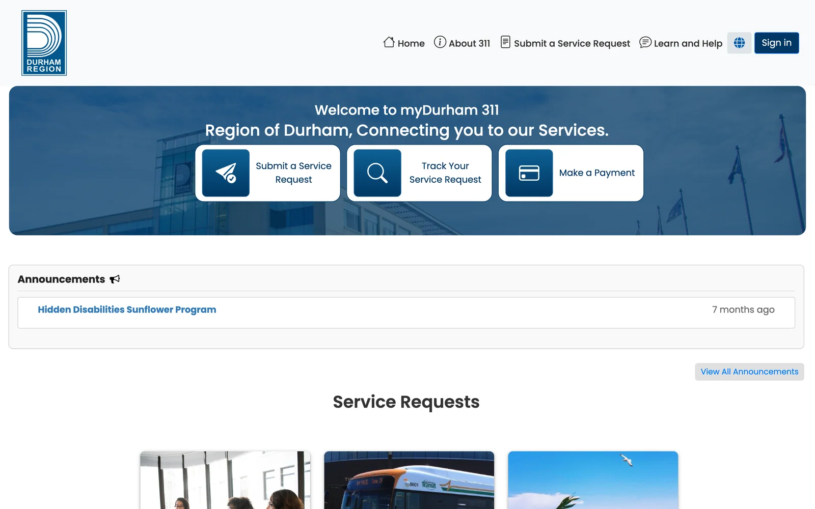 myDurham 311 homepage: hero with Submit a Service Request, Track Your Service Request, and Make a Payment cards above announcements.