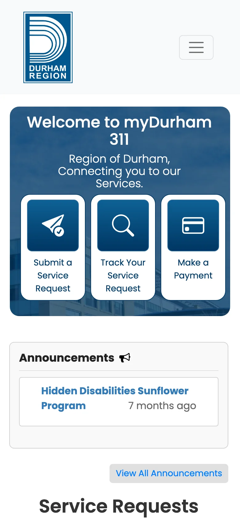 myDurham 311 homepage on a phone: three tall action tiles above announcements.