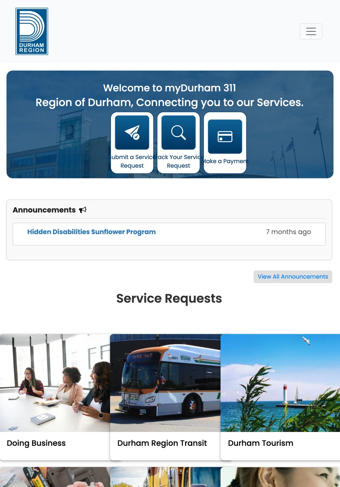 myDurham 311 homepage on a tablet: hero actions and announcements in the same order.