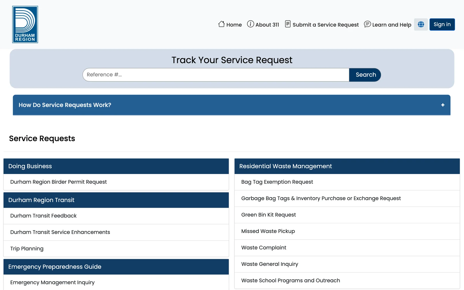 myDurham 311 requests page: a reference-number tracker above service request categories grouped by resident need.