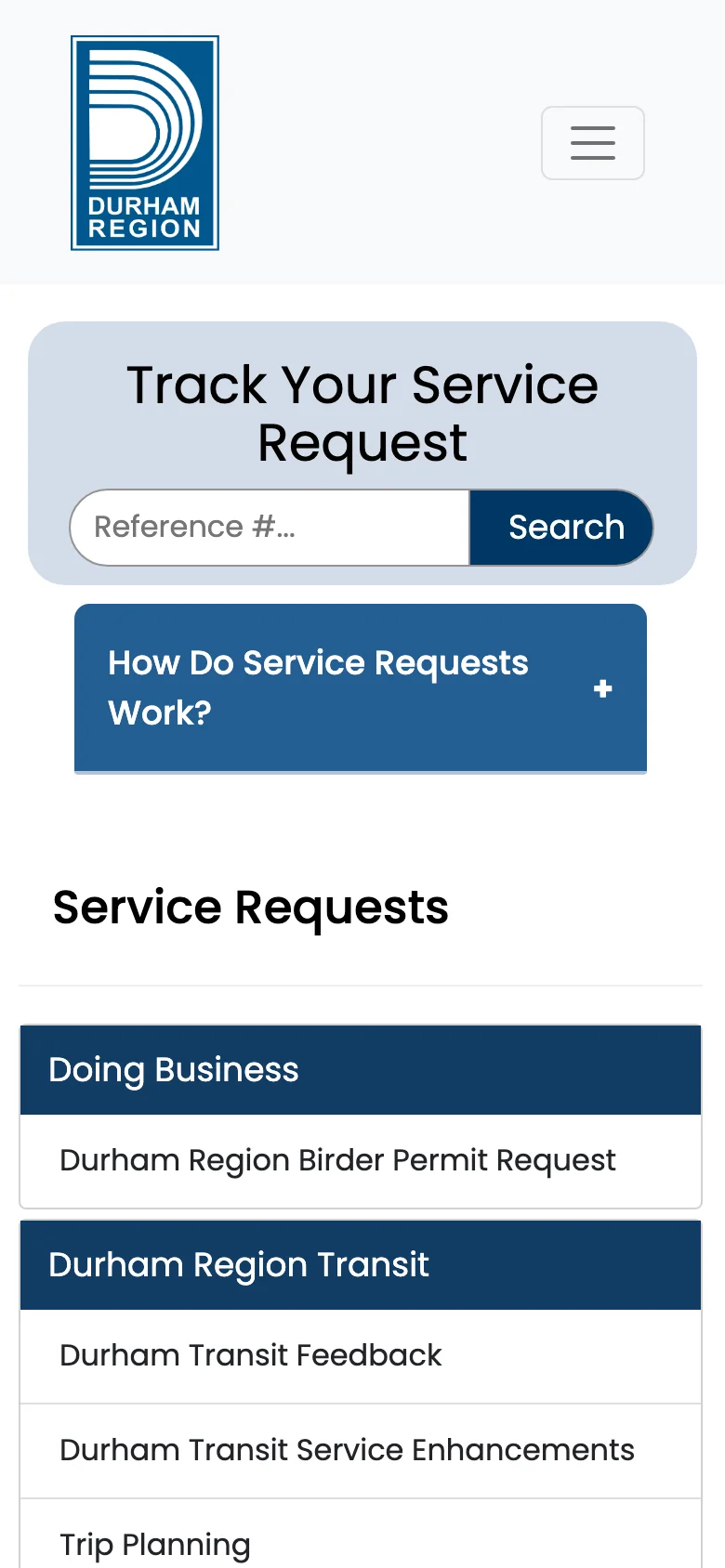 myDurham 311 requests page on a phone with the tracker and a single column of categories.