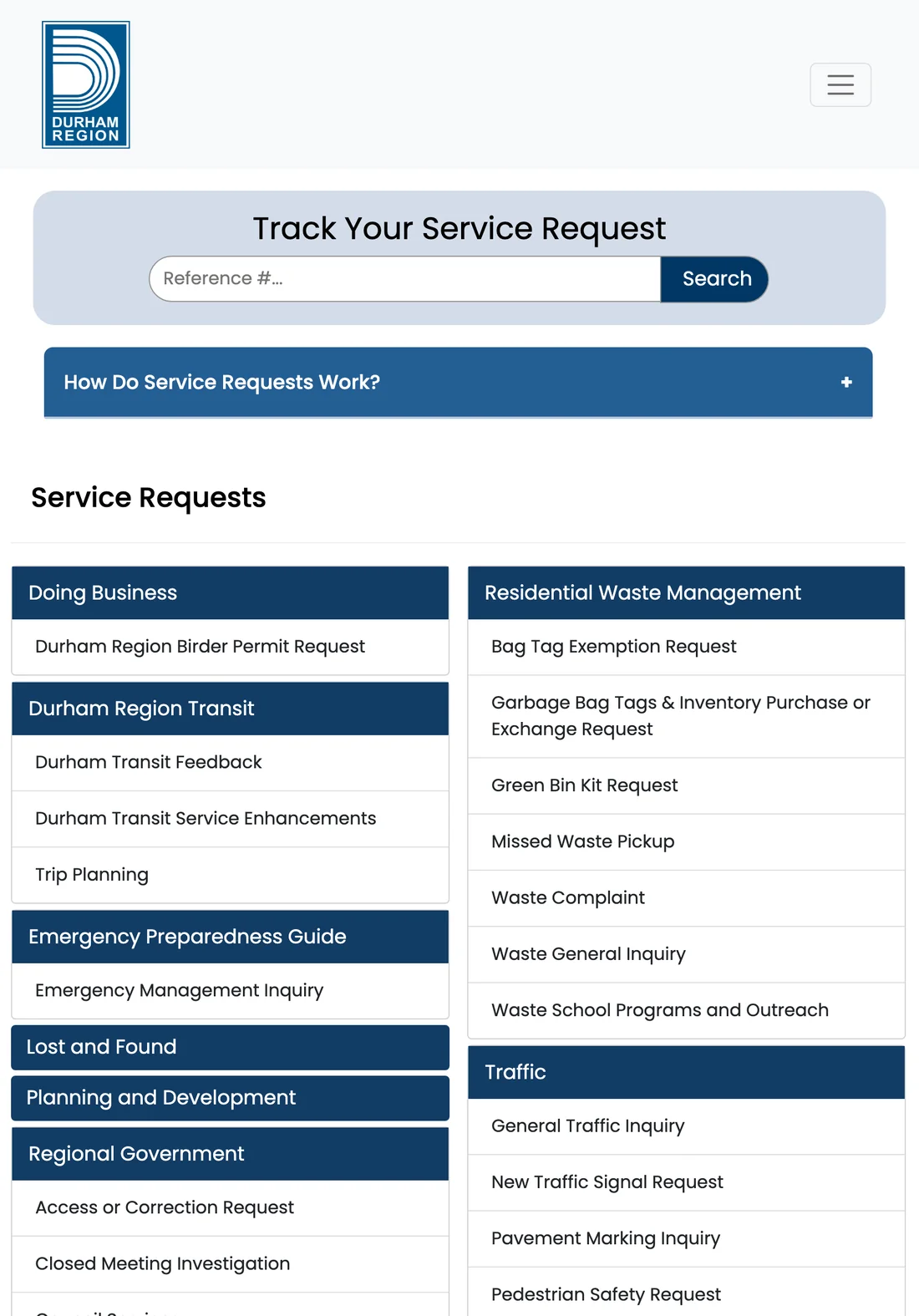 myDurham 311 requests page on a tablet with the tracker above two-column categories.