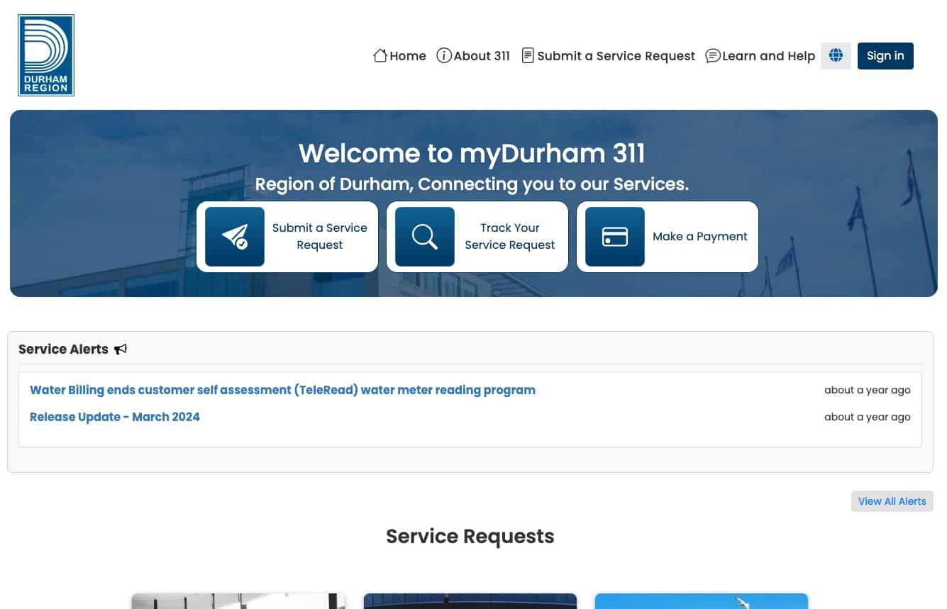 Redesigned myDurham 311 homepage with primary action cards.