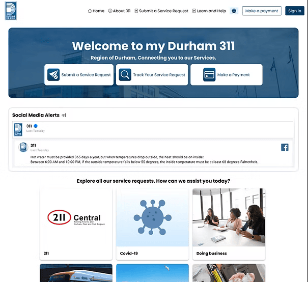 Durham Region service request homepage with social alerts and service request cards.