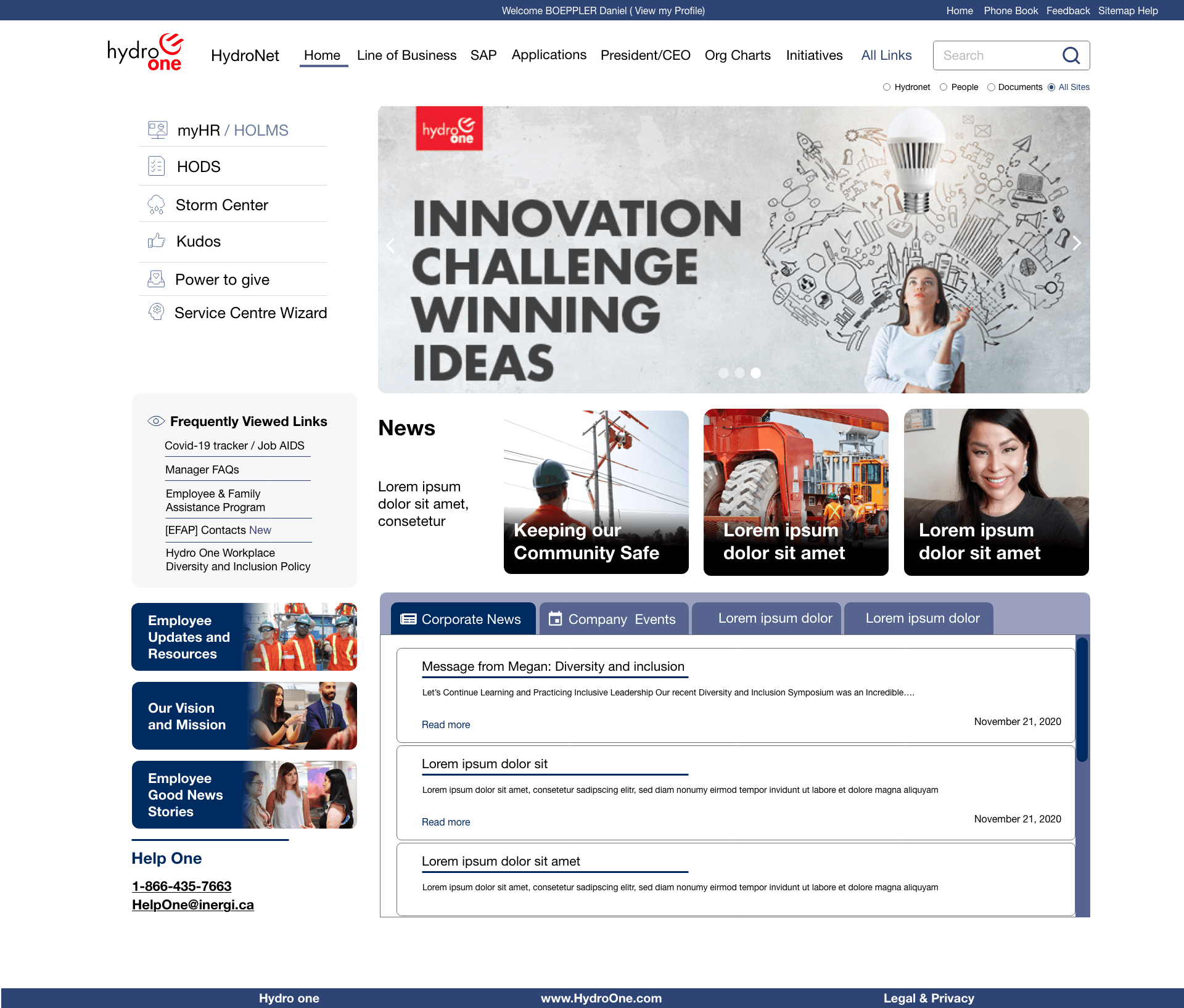 Hydro One utility page design preview.