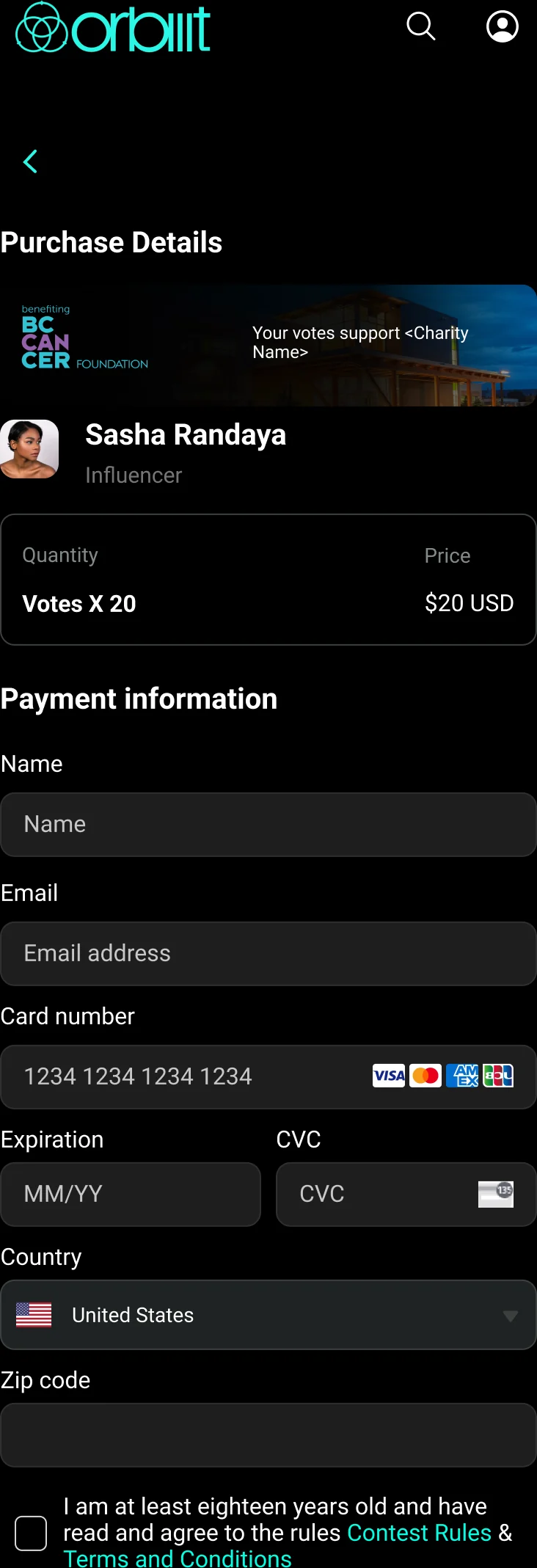 Orbiiit purchase details: 20 votes for $20 USD supporting an influencer and the BC Cancer Foundation, above the payment form.