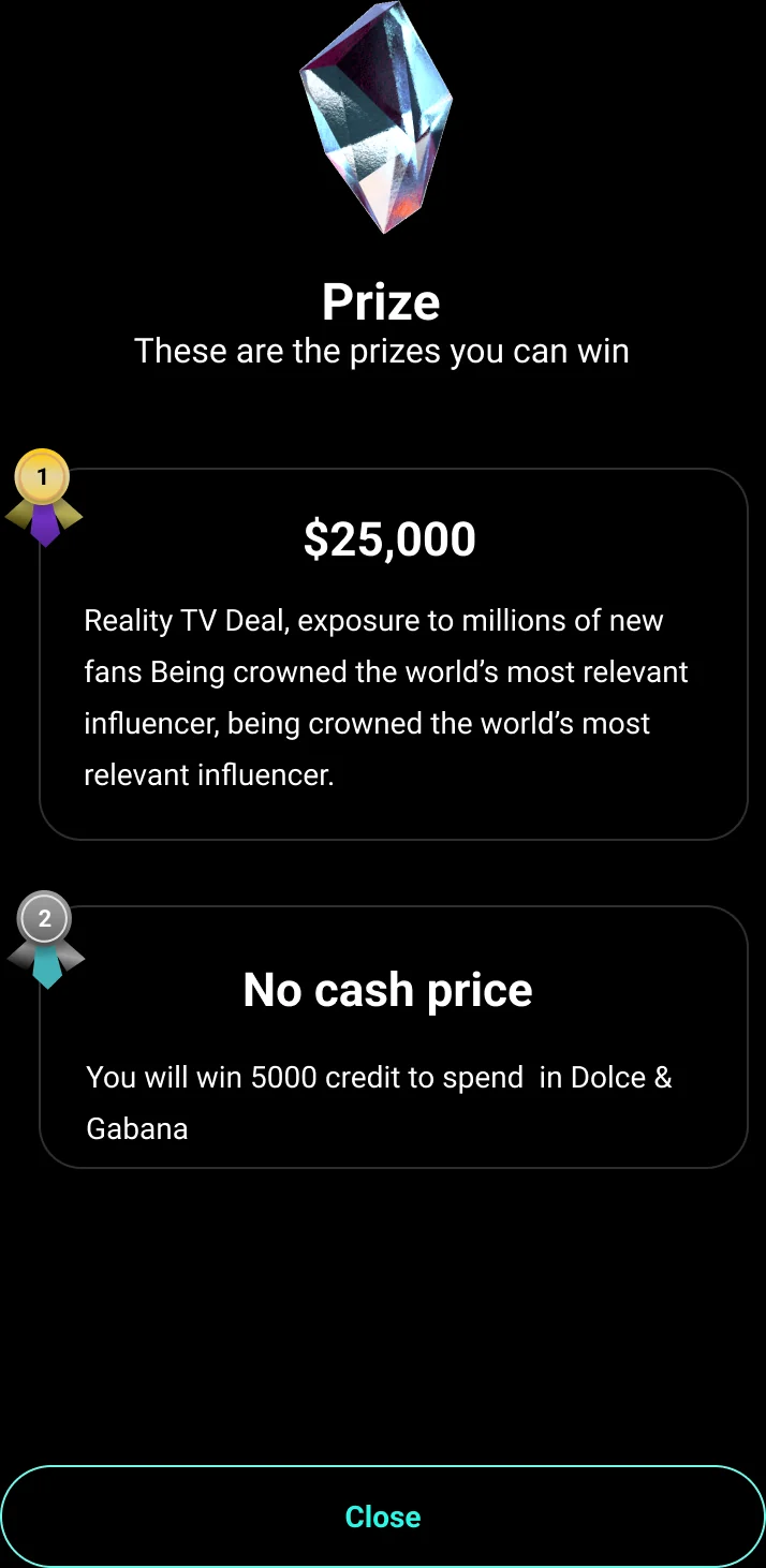 Orbiiit prize sheet: $25,000 reality-TV deal for first place and a 5,000 credit runner-up prize.