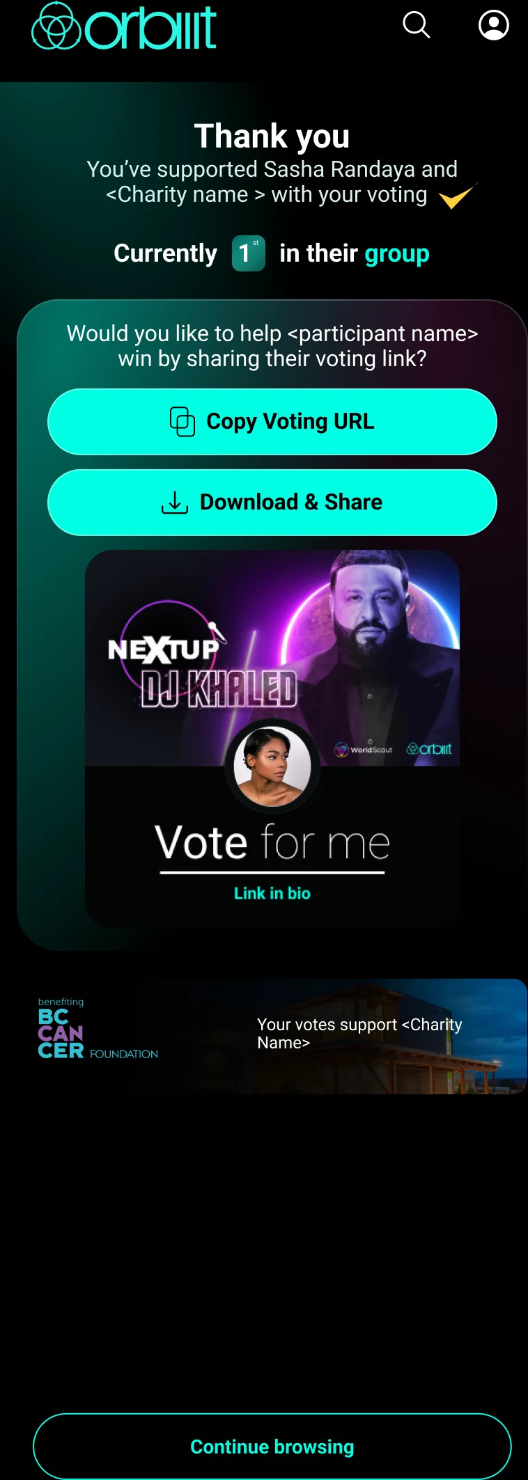 Orbiiit thank-you screen: currently 1st in their group, Copy Voting URL and Download & Share buttons, and a Vote for me card.