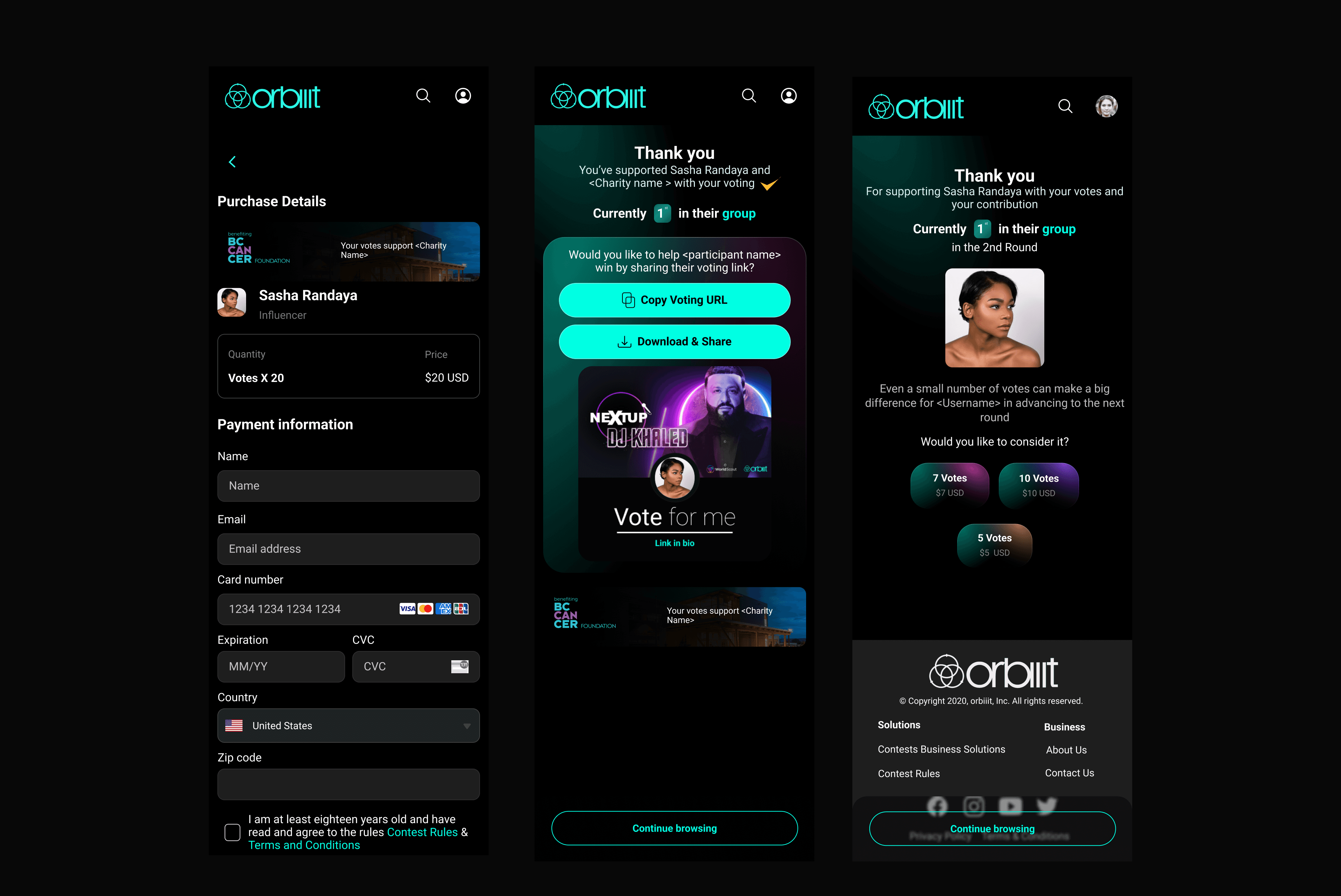 Orbiiit checkout, thank-you, share, and continued voting screens.