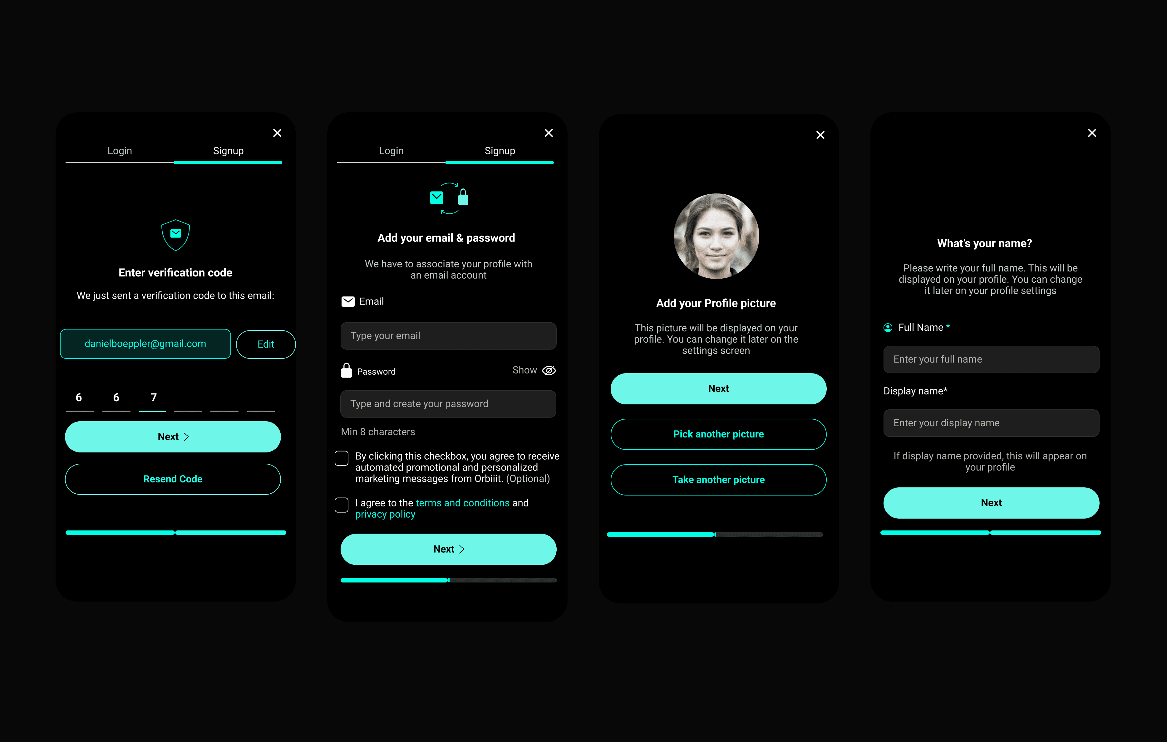 Orbiiit onboarding flow with verification, credentials, profile photo, and name screens.