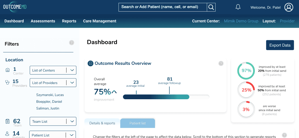 OutcomeMD detailed results cards and patient list under the active filter state