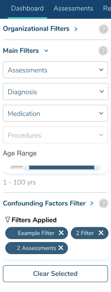 OutcomeMD diagnosis filter panel with include or exclude rules and long diagnosis lists