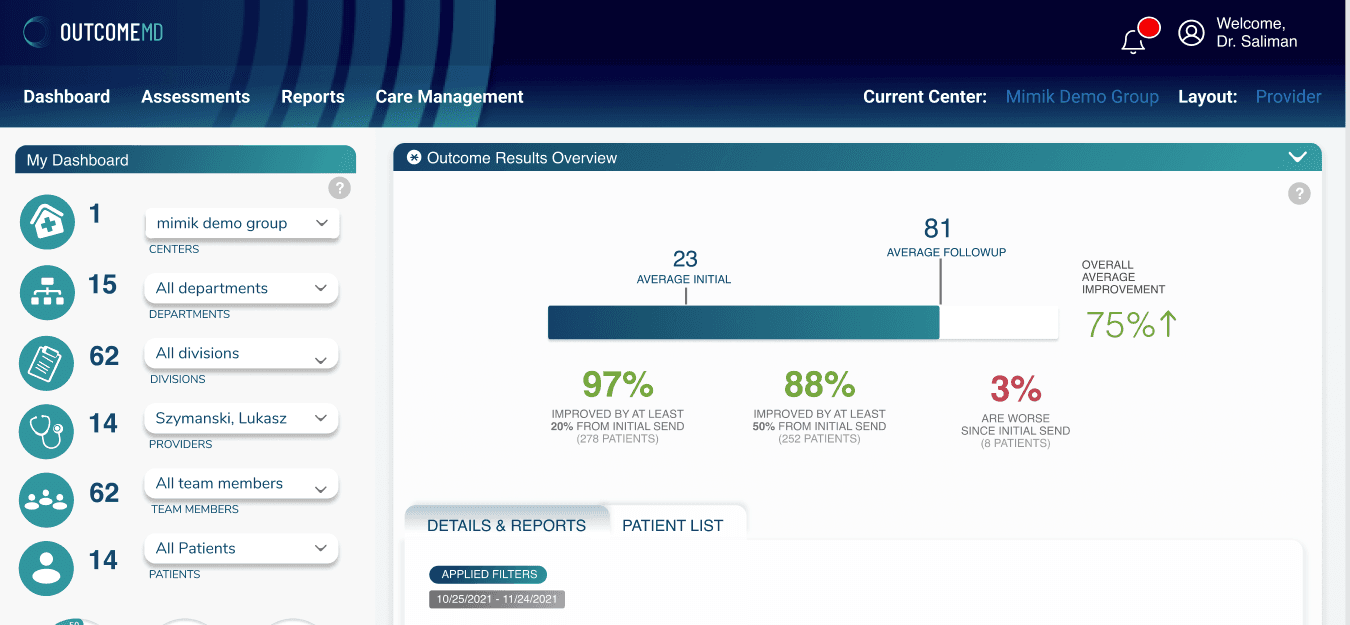 OutcomeMD experimental dashboard showing result cards and filtered categories.