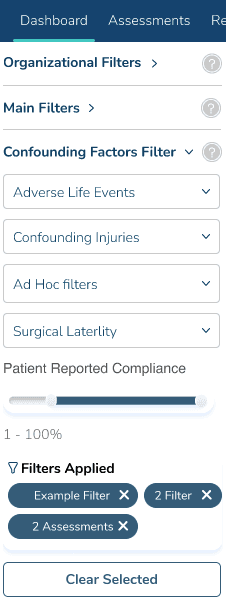 OutcomeMD filter sidebar showing confounding factors, compliance range, and applied chips