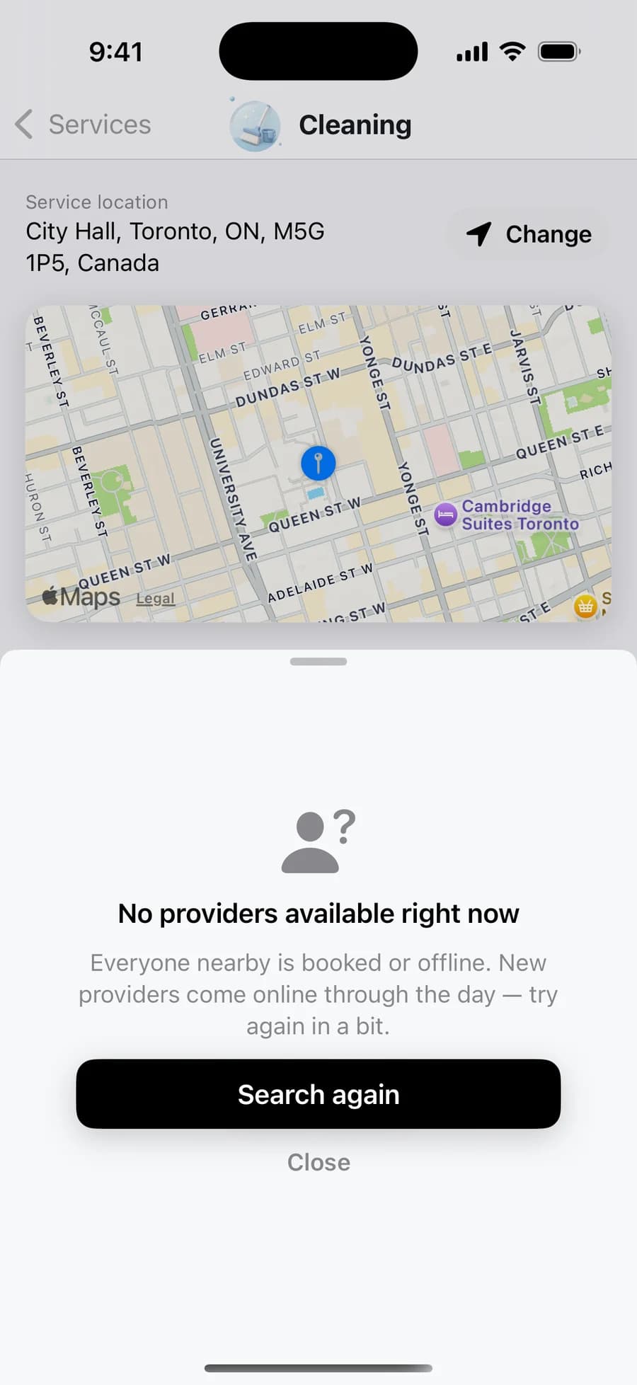 Blik Cleaning screen from the shipped app showing a No providers available right now sheet with a Search again button.