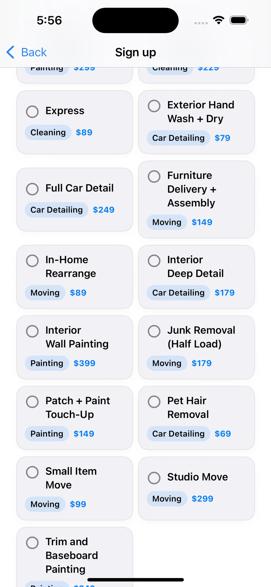 Blik provider sign-up services picker from the shipped app listing cleaning, painting, car detailing, and moving services with upfront prices.