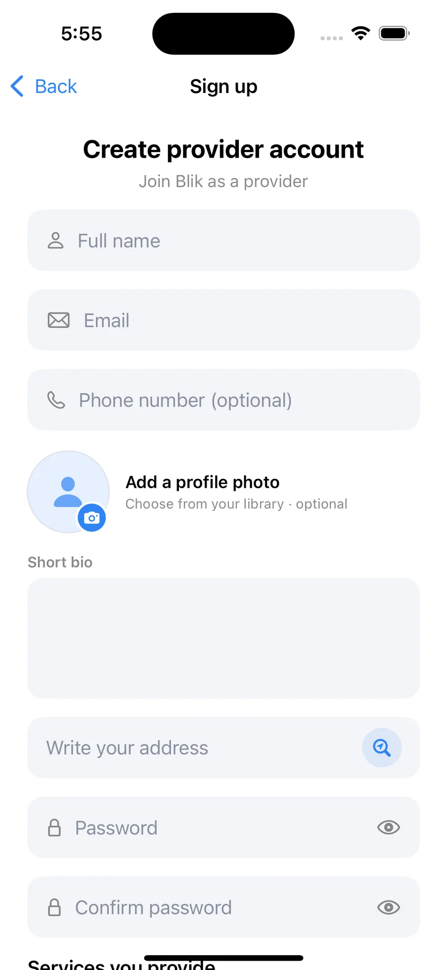 Blik Create provider account form from the shipped app with full name, email, phone, profile photo, short bio, address, and password fields.