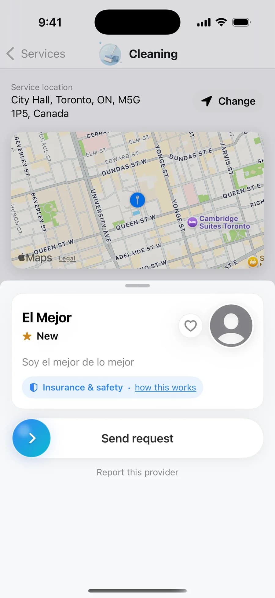 Blik provider sheet from the shipped app: matched provider with rating, bio, an Insurance & safety line, a Send request action, and a Report this provider link.
