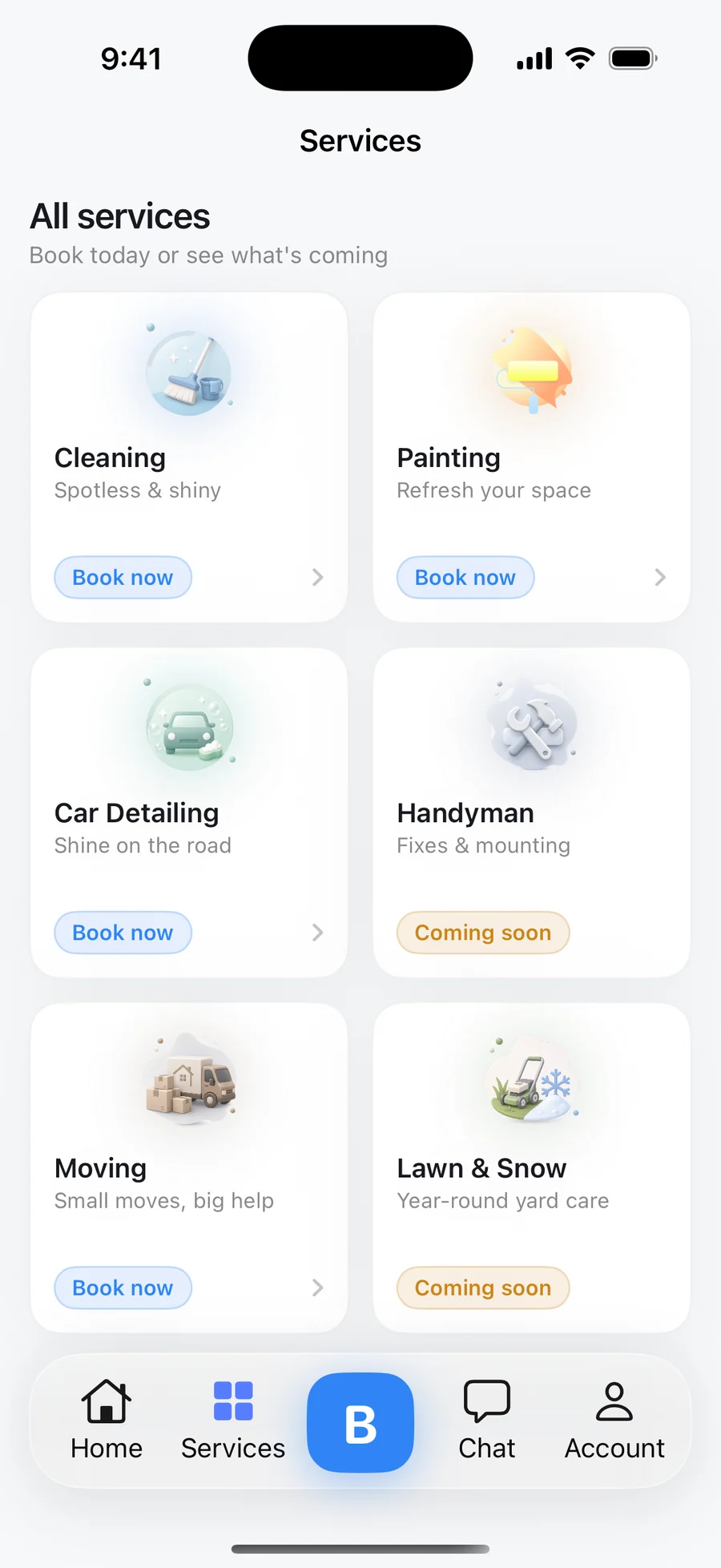 Blik Services tab from the shipped app with Cleaning, Painting, Car Detailing, Handyman, Moving, and Lawn & Snow.