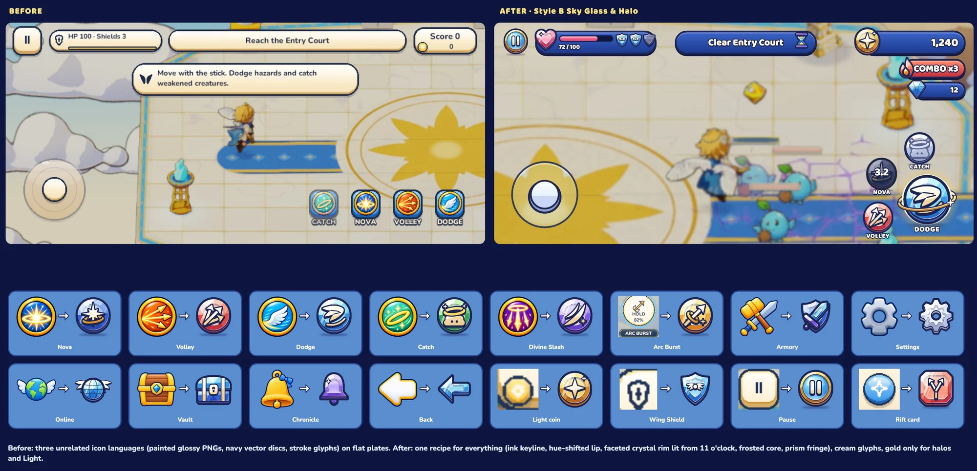 Before and after: three unrelated icon styles replaced by one sky-glass button family