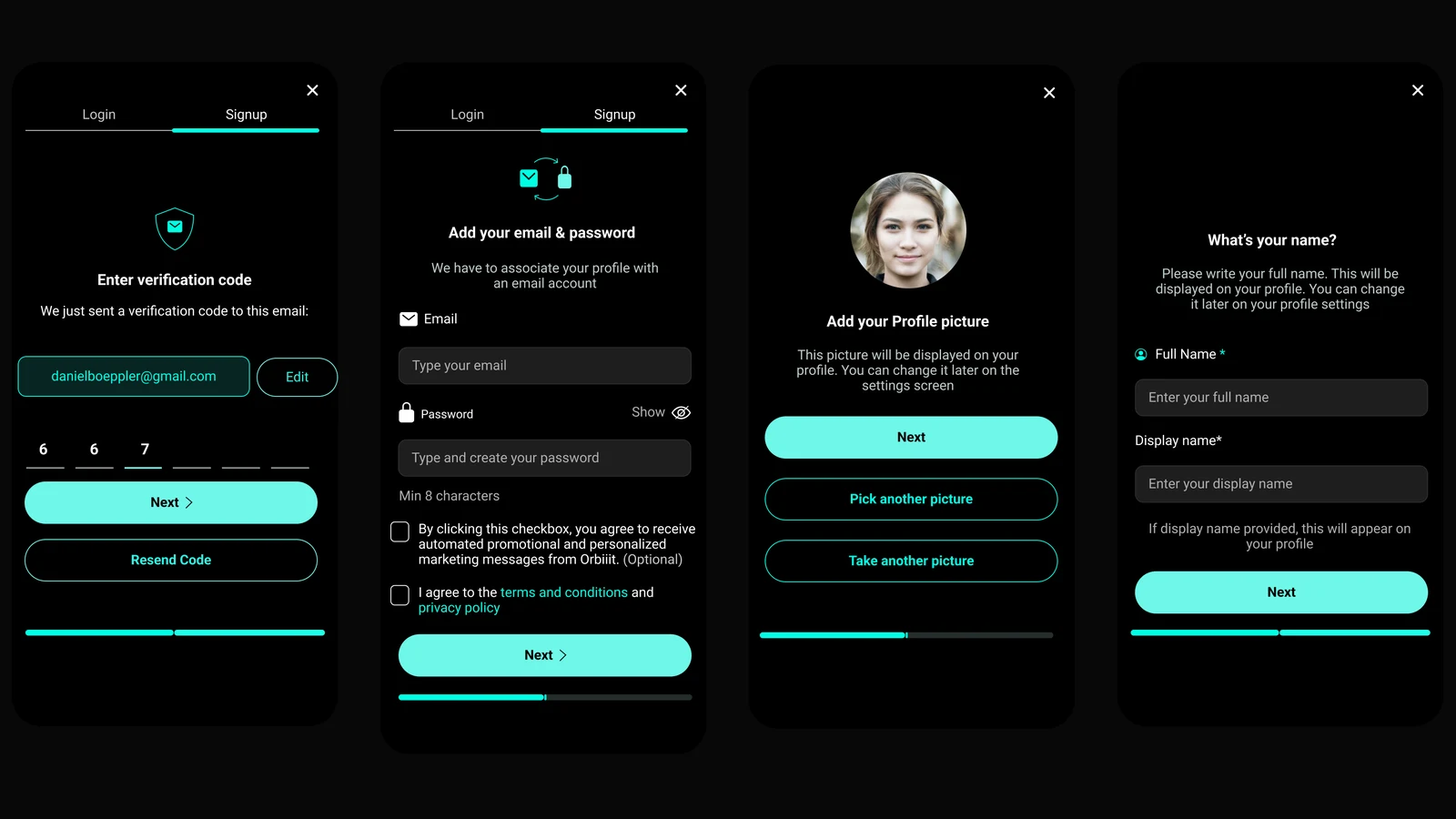 Four Orbiiit signup screens in a row: verification code, email and password, profile picture and name, each with a progress bar under the main button.