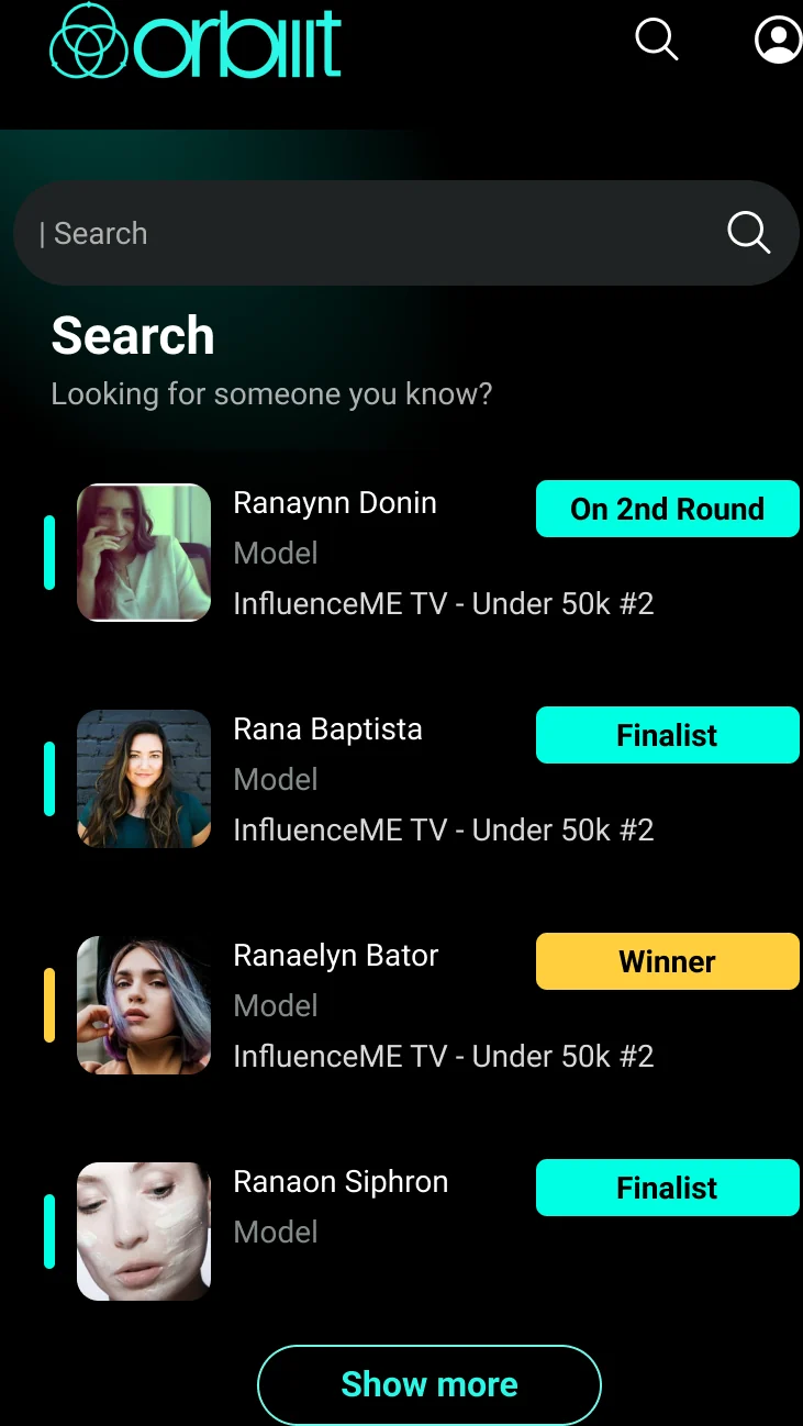 Orbiiit search results with contestant status badges.